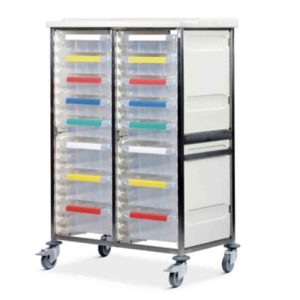 Bristol Maid Caretray Trolley - Stainless Steel, High Level, Double Column, 4 x Shallow Trays + 10 x Deep Trays (CTS2/14/4S10D)