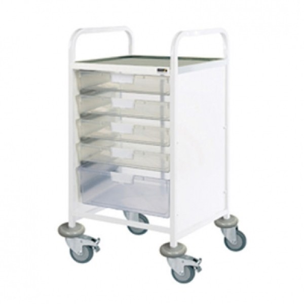 Sunflower Clincal Vista 50 Trolley - 4 Single & 1 Double Clear Trays Stainless Steel Top & Castor Buffers (Sun-CVT51C)