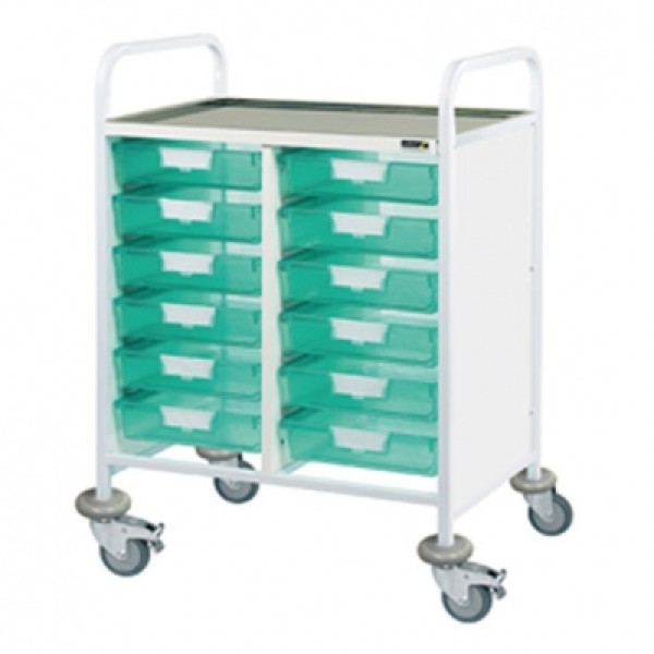 Sunflower Clincal Vista 60 Trolley - 12 Single Green Trays Stainless Steel Top & Castor Buffers (Sun-CVT60G)