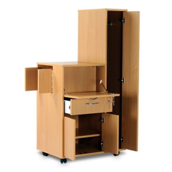 Bristol Maid Bedside Cabinet / Wardrobe Combination - Right Hand Opening - Upper Section with Rear Side Doors, Personal Drawer, Lower Cupboard with Double Doors and Adjustable Shelf - Beech (BC3CPDWR/BE)