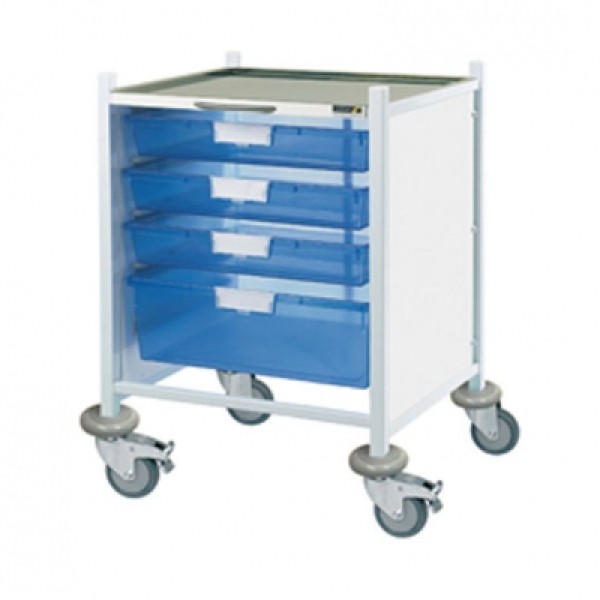 Sunflower Clincal Vista 40 Trolley - 3 Single & 1 Double Blue Trays Stainless Steel Top & Castor Buffers (Sun-CVT41B)