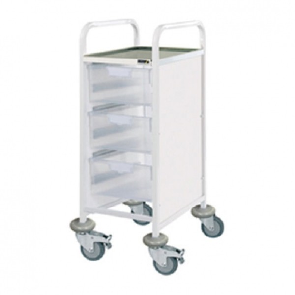 Sunflower Clinical Vista 30 Trolley - 3 Double Depth Clear Trays Stainless Steel Top & Castor Buffers (Sun-CVT32C)