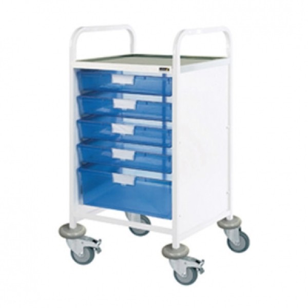 Sunflower Clincal Vista 50 Trolley - 4 Single & 1 Double Blue Trays Stainless Steel Top & Castor Buffers (Sun-CVT51B)