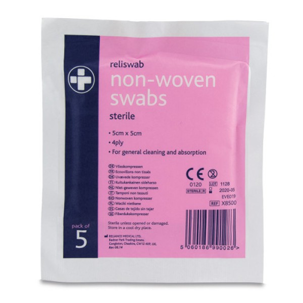 Reliance Non Woven Swabs 5cm x 5cm 4 ply Sterile (Pack of 5) (RLX8500)