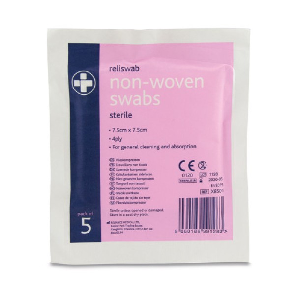 Reliance Non Woven Swabs 7.5cm x 7.5cm 4 ply Sterile (Pack of 5) (RLX8501)