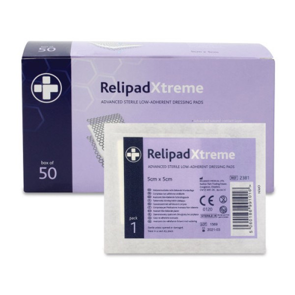 Relipad Xtreme Low Adherent Dressing Pads Sterile 5cm x 5cm (Box of 50) (RL2381)