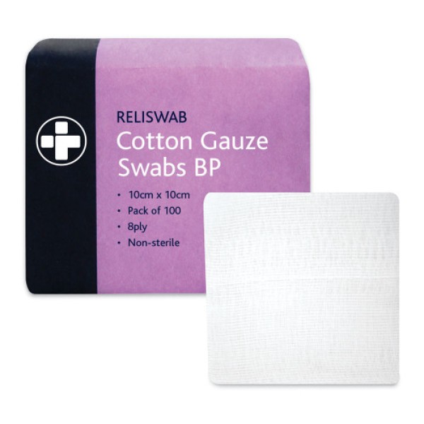 Reliswab Cotton Gauze Swabs 8 Ply Non Sterile 10cm x 10cm (Pack of 100) (RL373)