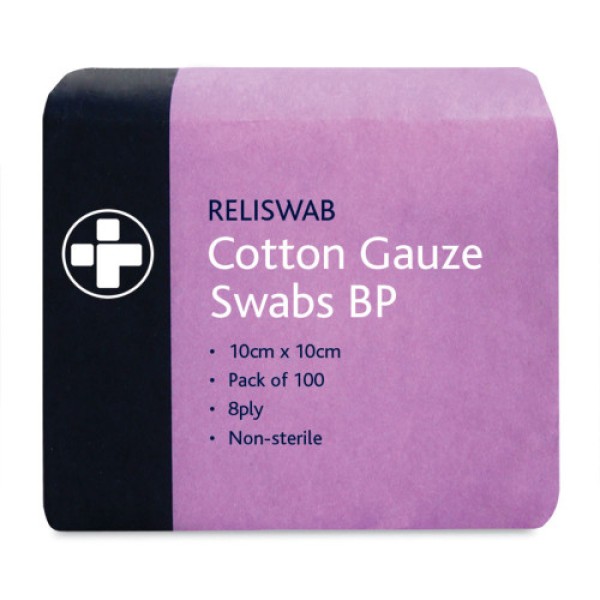 Reliswab Cotton Gauze Swabs 8 Ply Non Sterile 10cm x 10cm (Pack of 100) (RL373)