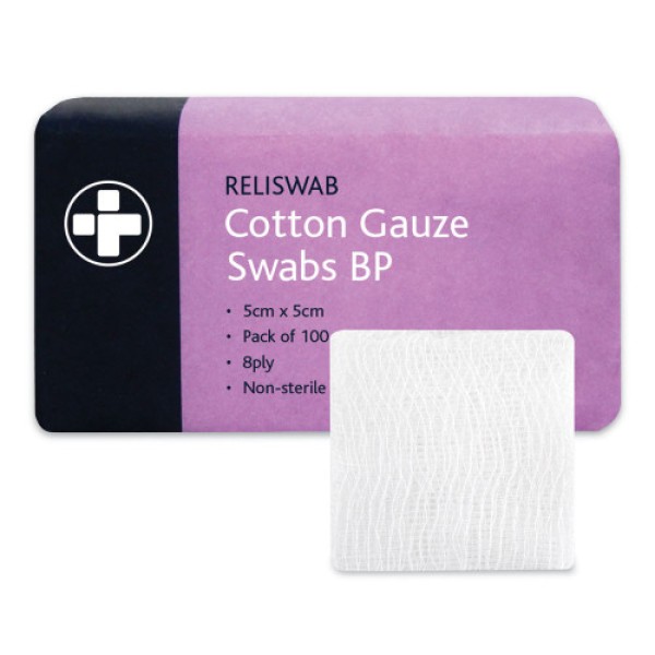 Reliswab Cotton Gauze Swabs 8 Ply Non Sterile 5cm x 5cm (Pack of 100) (RL371)