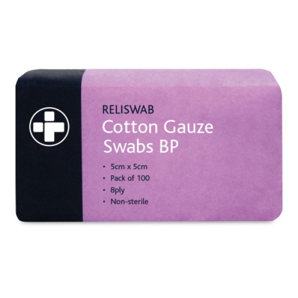 Reliswab Cotton Gauze Swabs 8 Ply Non Sterile 5cm x 5cm (Pack of 100) (RL371)