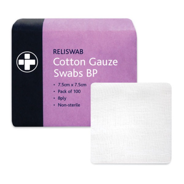 Reliswab Cotton Gauze Swabs 8 Ply Non Sterile 7.5cm x 7.5cm (Pack of 100) (RL372)