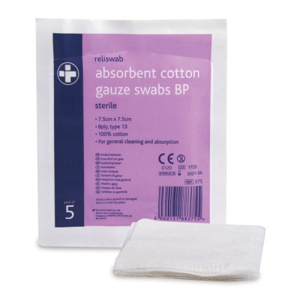 Reliswab Cotton Gauze Swabs BP Sterile 7.5cm x 7.5cm (Pack of 5) (RL375)