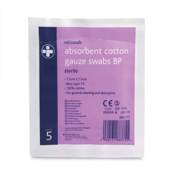 Reliswab Cotton Gauze Swabs BP Sterile 7.5cm x 7.5cm (Pack of 5) (RL375)